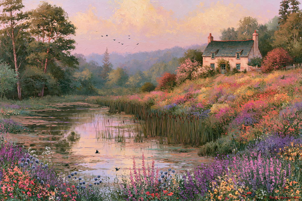 Pastel cottage on a hillside above a marsh in full flower